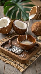 Wooden Bowl Filled with Creamy Coconut Milk from Rustic Pitcher on Bamboo Mat