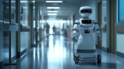 Fototapeta premium Cutting-Edge Care: Human-Robot Interaction in a Modern Healthcare Facility