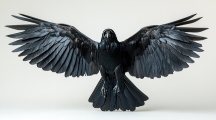 Obraz premium Raven in flight, wings spread wide, white background, wildlife photography, ideal for book covers