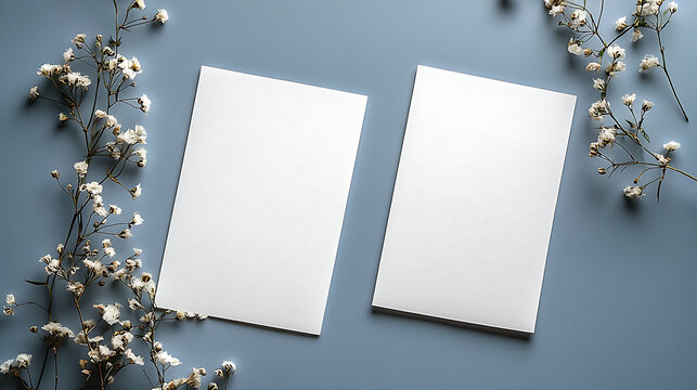 Two blank white paper invitation cards on trendy gray background. Mockup template
