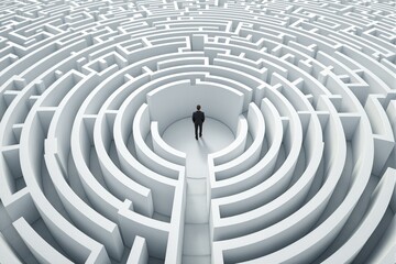 Businessman in suit standing in the center of a white circular maze on a light background. Concept of challenge, decision-making, and career strategy. Ai generative