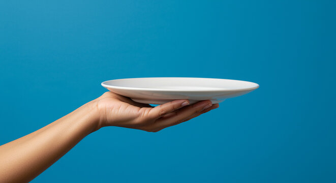 Hand holding plate on blue background. Hand holding a white plate in studio shot. Plate held by hand