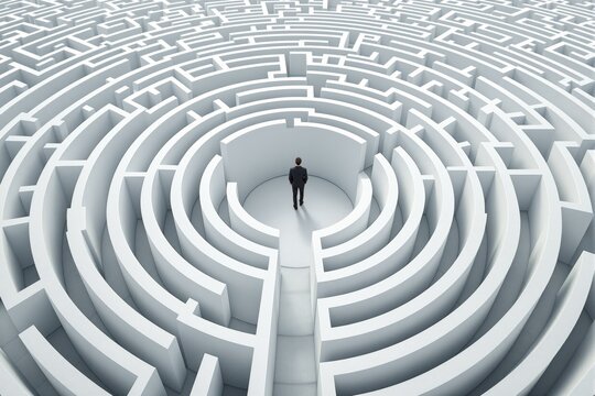 Businessman in suit standing in the center of a white circular maze on a light background. Concept of challenge, decision-making, and career strategy. Ai generative