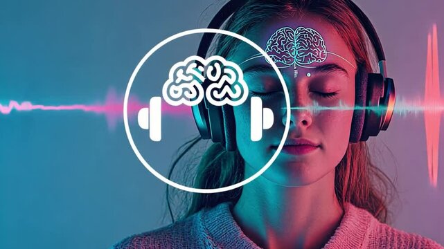 Brain Training with Sound: A woman immerses herself in a world of focused sound, her eyes closed in concentration, while auditory waves and brain icons visually represent the mental workout.