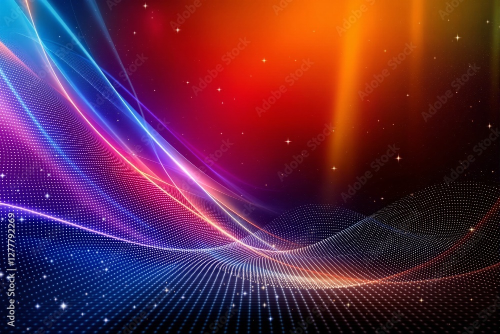 Poster abstract futuristic digital wave with glowing particles and vibrant light streaks on cosmic backgrou
