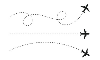 Airplane with dotted line route. flying plane with twisted, curved and straight dashed trace path. transparent png and vector illustration.