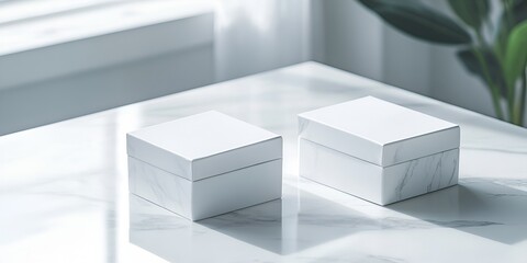 Obraz premium Two white square jewelry boxes on the table, high-end texture, high-definition photography, 