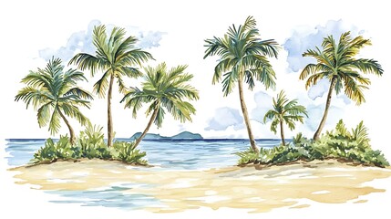 Fototapeta premium Watercolor Painting of Tropical Beach with Palm Trees and Ocean.