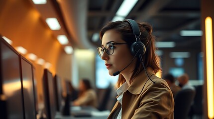 Call Center Agent in Office &ndash; Female CSR Wearing Headphones and Assisting Customers, CSR, agent in office, call center office	
