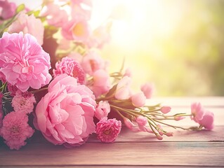 pink flowers on wooden background