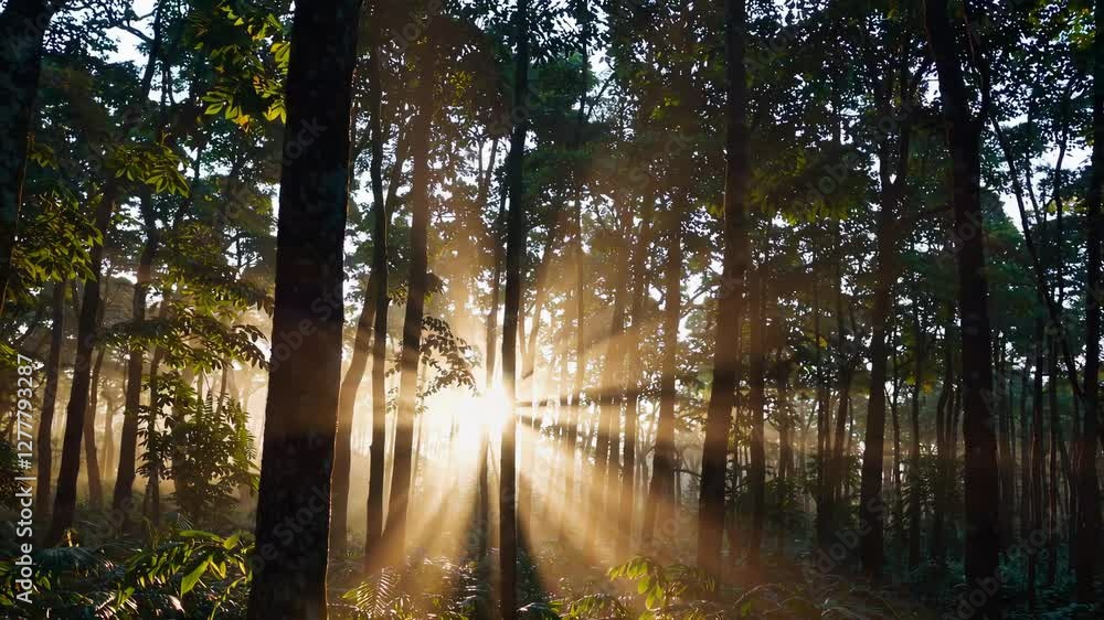 Poster Sunlight streaming through dense forest canopy with tall trees at sunrise, creating a mystical atmosphere. Nature and tranquility concept