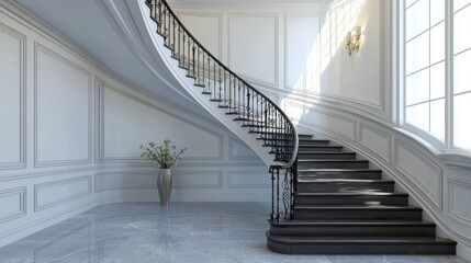 A grand staircase with ornate railings in a luxury home.