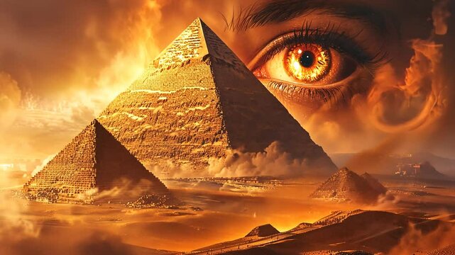 Surreal landscape featuring pyramids and a giant eye in a fiery sunset, evoking mystery