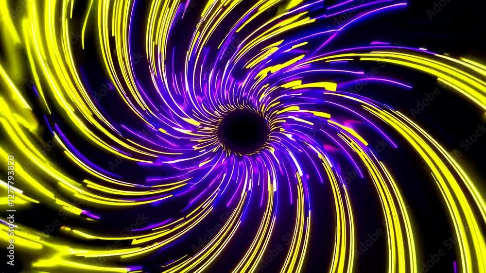 Poster abstract swirl of bright neon lights in yellow and purple on black background, creating a dynamic vo