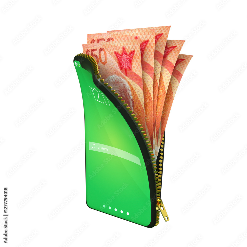 Poster online mobile money wallet concept. 3d rendering of barbados dollar notes inside smart phone isolate