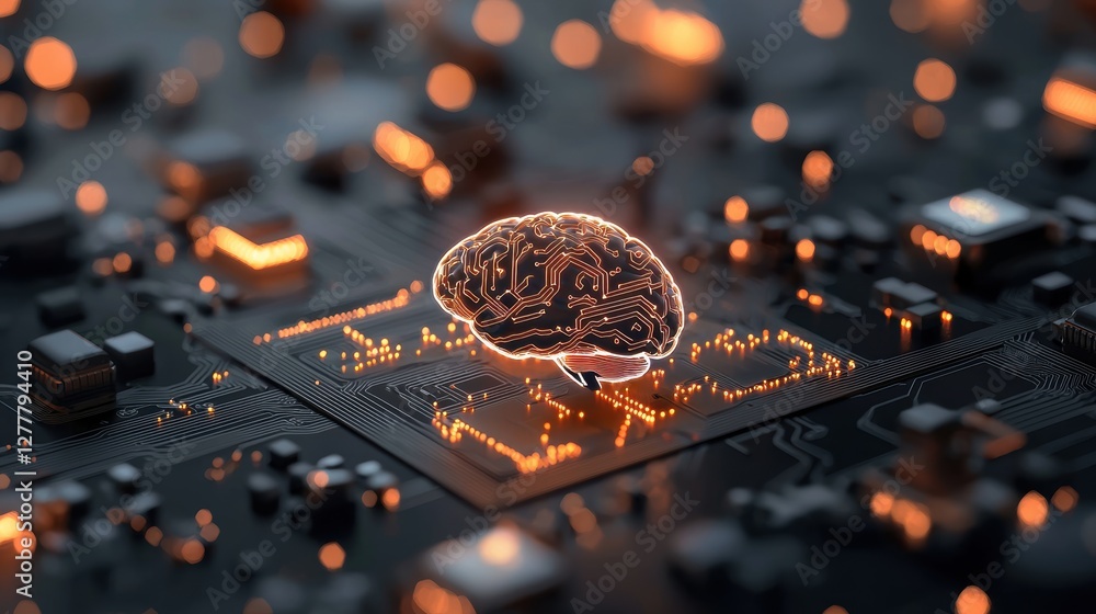 Poster a digital brain composed of interconnected circuits and glowing neurons, illustrating the concept of