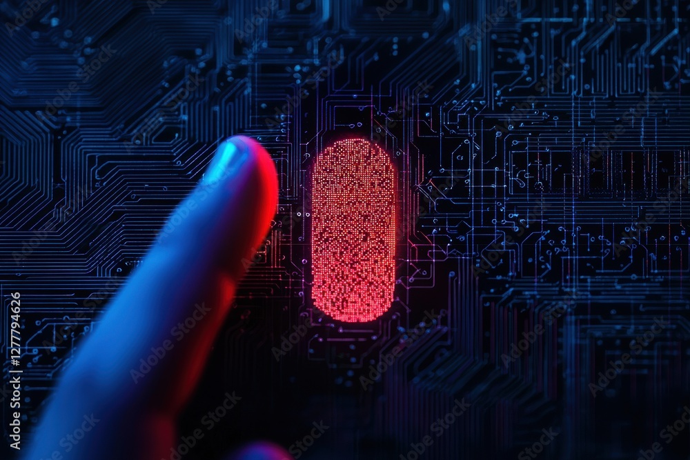 Poster digital fingerprint scanning technology modern office high-tech image cyber environment close-up vie