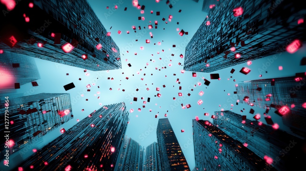 Poster a cityscape at night with glowing data streams flowing between buildings, symbolizing data driven ur