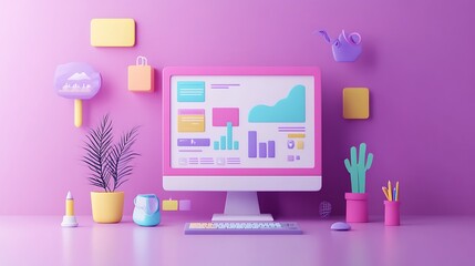 Pastel Computer Workspace With Charts and Plants