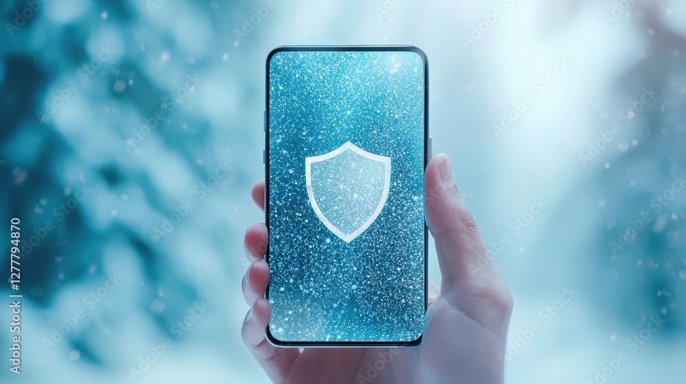 Poster a hand holding a smartphone with a shield icon protecting data displayed on the screen, symbolizing 