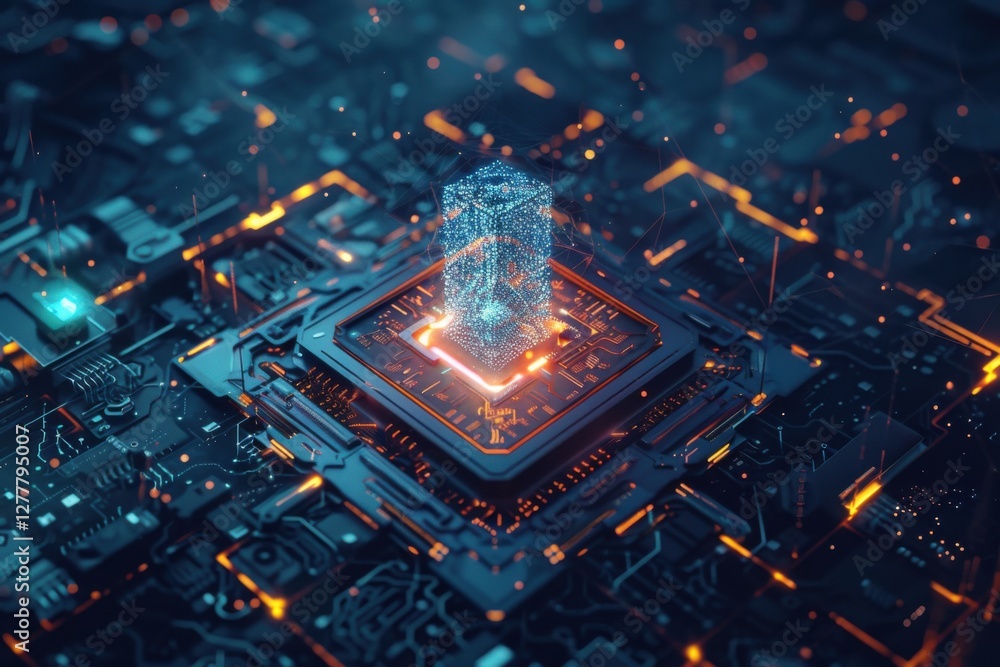 Poster glowing ai chip surrounded by a holographic brain and intricate circuit patterns