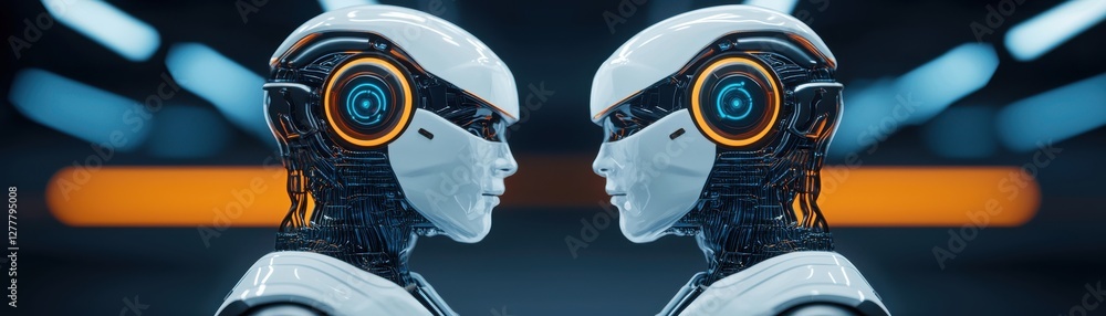 Poster robotic interaction display modern facility digital art futuristic environment close-up view ai conc