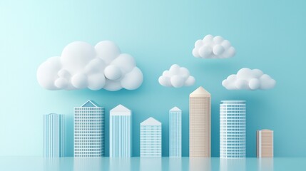 Obraz premium A cityscape with cloud icons floating above buildings, symbolizing the widespread adoption of cloud technology in urban environments.