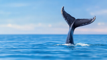 Fototapeta premium Whale tail emerging from ocean, creating serene and tranquil scene