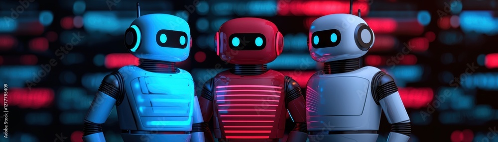 Poster robotic innovations showcase digital space 3d graphics futuristic environment close-up view technolo