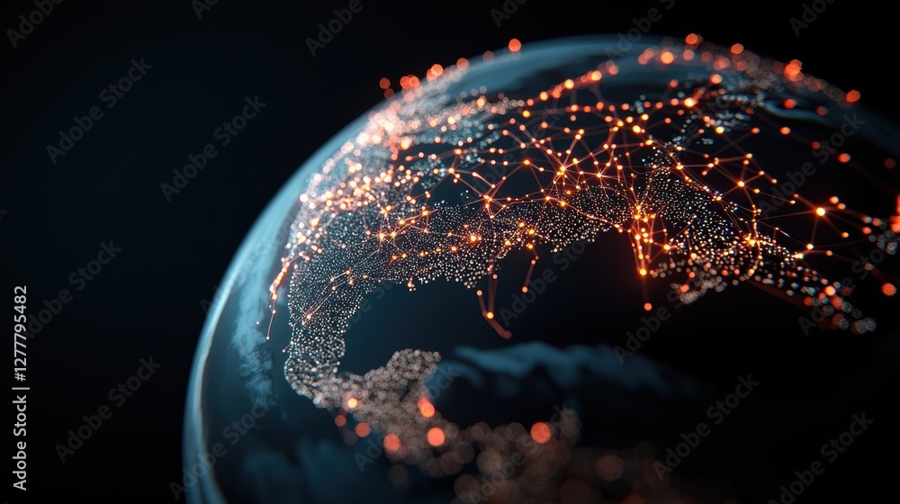 Poster a globe with interconnected nodes and data streams, representing the global network of information a