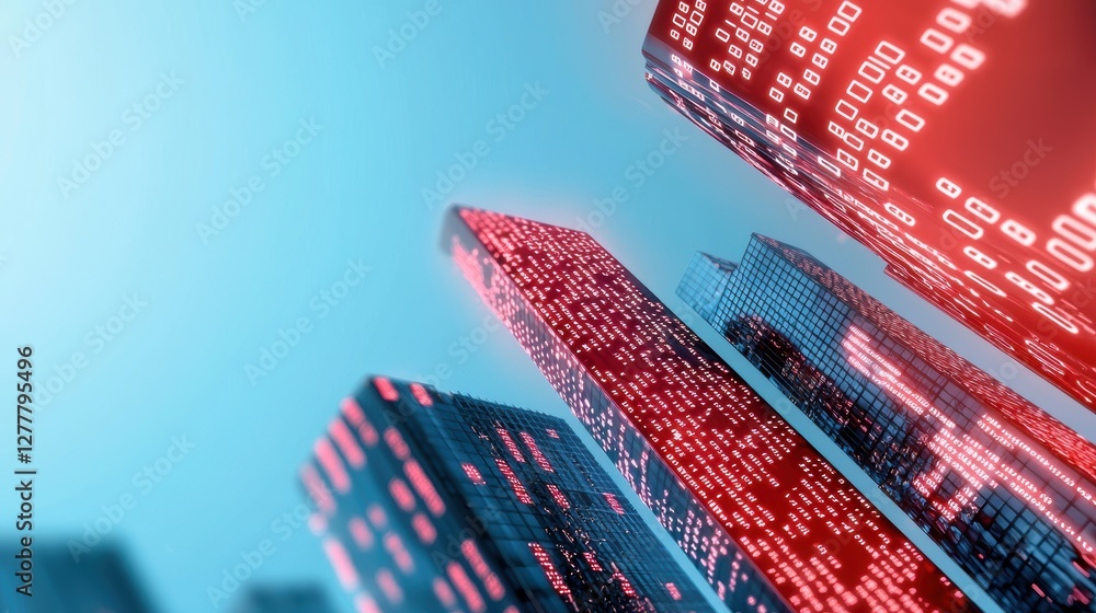 Poster a futuristic cityscape with buildings outlined in binary code, illustrating the pervasive nature of 