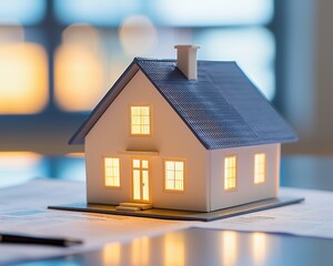 real estate investment checklist document house concept. A cozy illuminated house model on a table with soft lighting in the background.