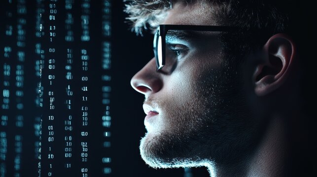 A human silhouette formed by binary code, representing the connection between humans and the digital world.
