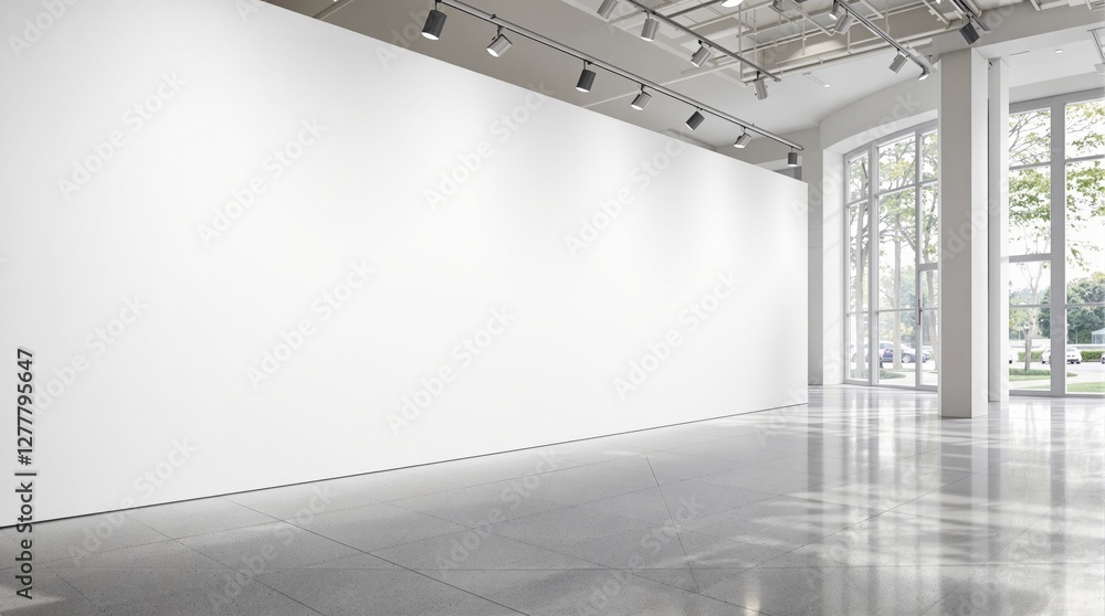 Poster empty white exhibition wall in a spacious modern gallery with large windows and overhead spotlights,