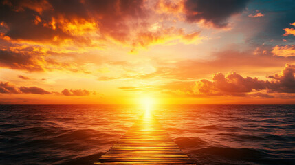 Obraz premium stunning sunset over ocean, with wooden pier leading to horizon