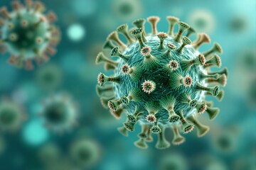 Close-up of virus particles with spike proteins under a microscope on a teal background, depicting a medical and scientific concept. Ai generative