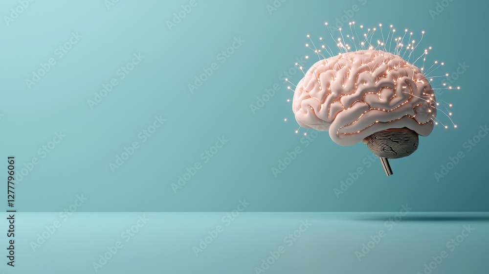 Poster a glowing, holographic projection of a human brain with neural pathways illuminated, representing th