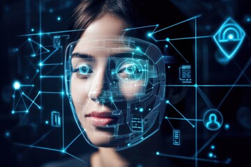 Futuristic AI technology analyzes human facial features in dark interface