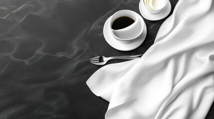 Coffee, cutlery, cloth, dark table, breakfast, background, mockup, food