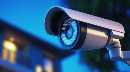 A close-up of a modern security camera, showcasing its lens and blue LED lights, set against a backdrop of a residential building at night.