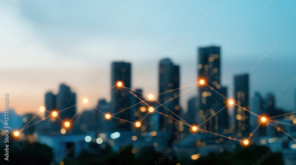 Poster a futuristic cityscape with data streams flowing through buildings and streets, representing the int