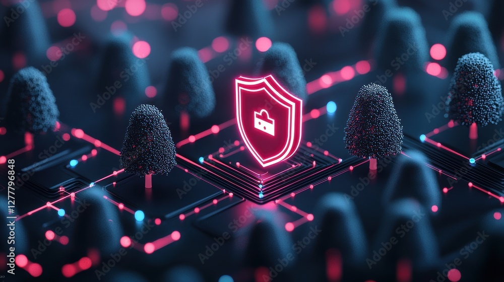 Aufkleber a glowing shield icon superimposed on a network diagram, representing ai driven cybersecurity system