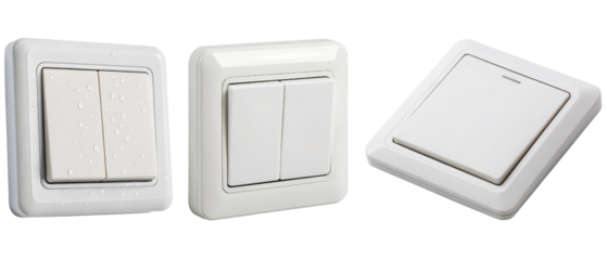Three white double-light switches isolated with transparent background