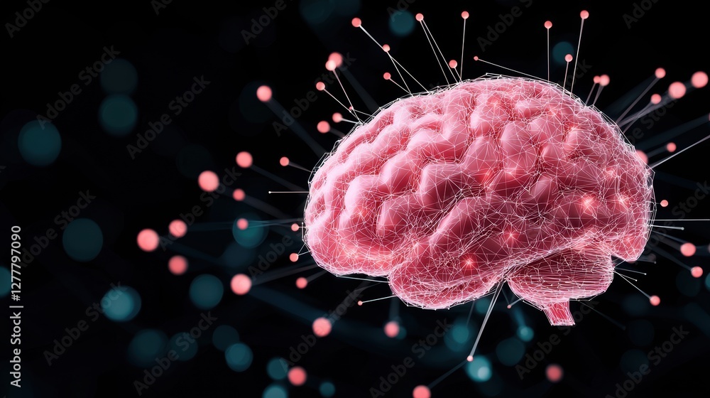 Poster an abstract background with glowing lines and data points forming the shape of a human brain, repres