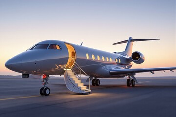 Obraz premium Private jet with open door and glowing stairs on runway, elegant metallic design, warm sunset background, concept of luxury air travel. Ai generative