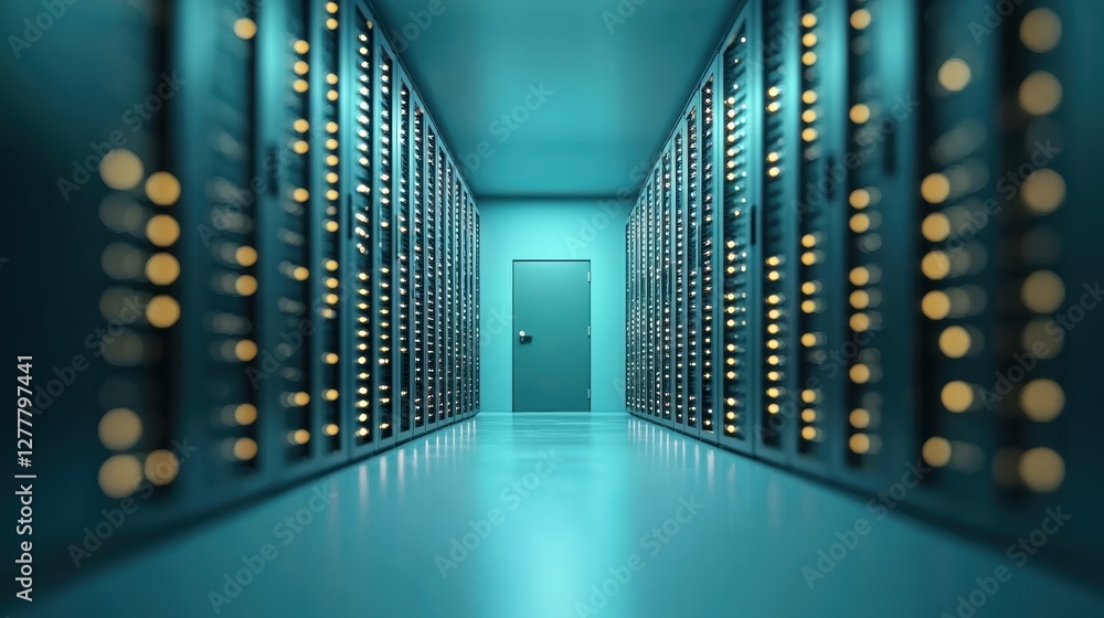 Poster a server room with rows of servers and blinking lights, representing the vast amount of data process