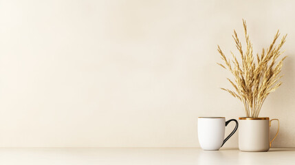 Minimalist workspace with decorative cups and dried grass arrangement