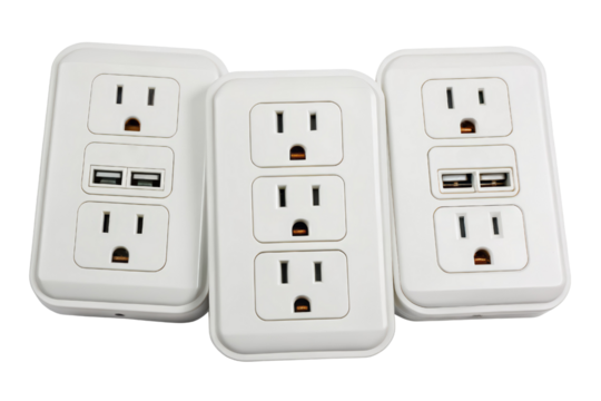 Three white electrical outlets isolated with transparent background