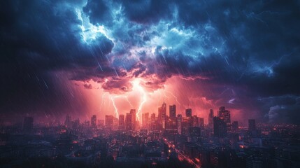Obraz premium Dramatic Storm Over City Skyline with Lightning Strikes and Dark Clouds