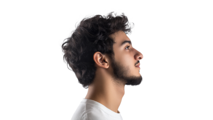 Profile view of a young man with curly hair